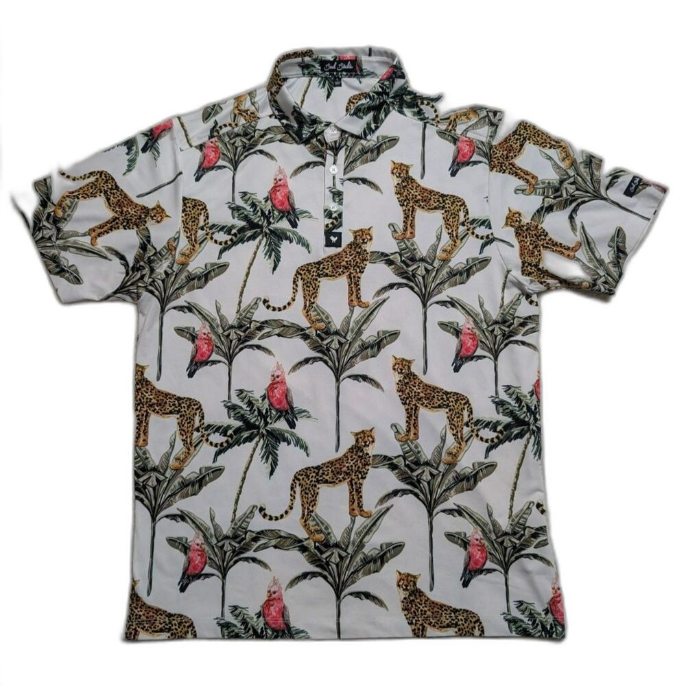 Bad Birdie Mens Large Golf Polo Leopard Tropical Print Performance Shirt